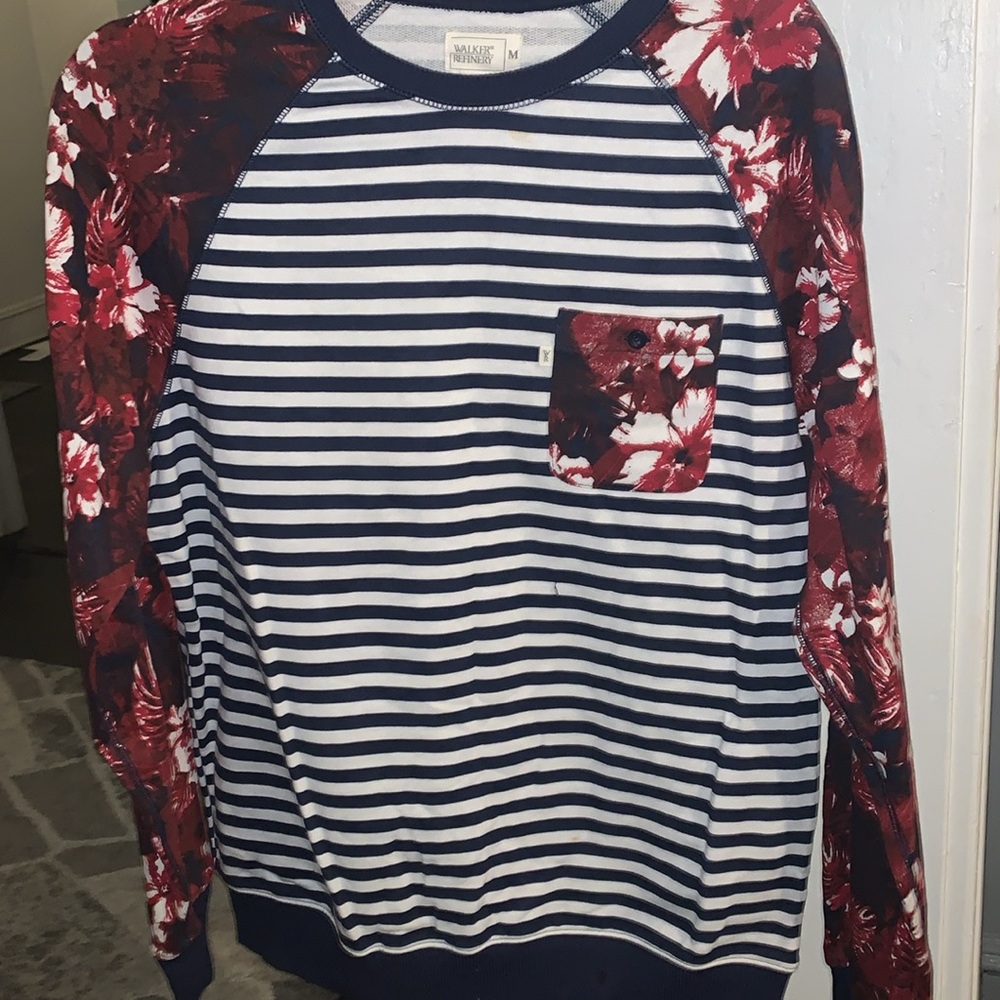 Walker Refinery tshirt shirt navy and white stripe w floral detail size M
